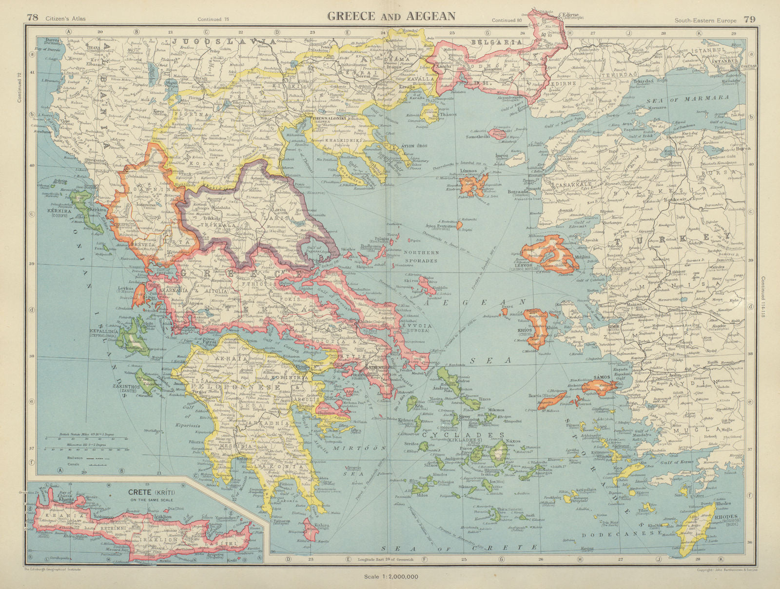 GREECE AND AEGEAN. Crete Cyclades Sporades Dodecanese &c. BARTHOLOMEW 1947 map